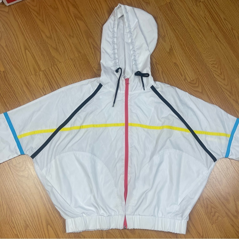 Twain California White Windbreaker Hooded Crop Jacket with Neon Color Accents